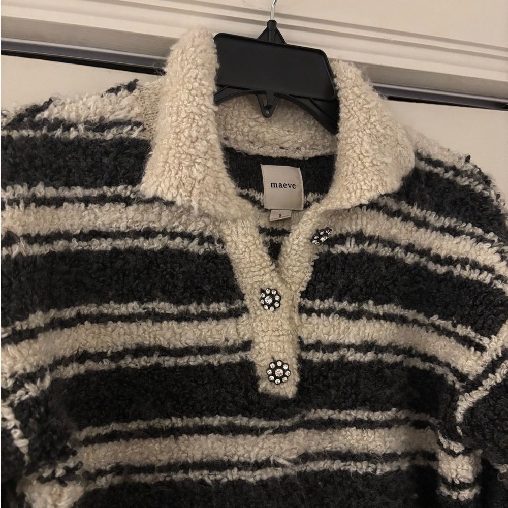 MAEVE ANTHROPOLOGIE Striped Polo Sweater in Black and White with Buttons - Picture 6 of 10